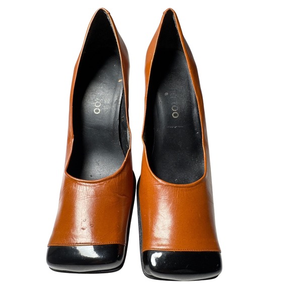 Vintage Camel Brown Leather Block Heel Pumps Black Cap Toe Women's Size 7 - Picture 8 of 8